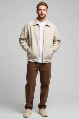 Bilek Lastikli Fermuarlı Erkek Ceket Taş - Erkek Ceket