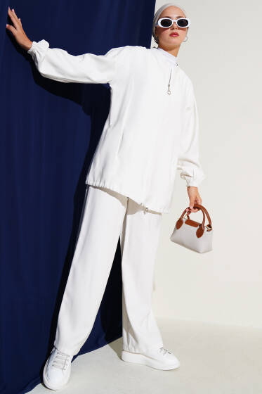 Bilek Lastikli Fermuarlı Tensel İkili Takım Beyaz - İkili Takım