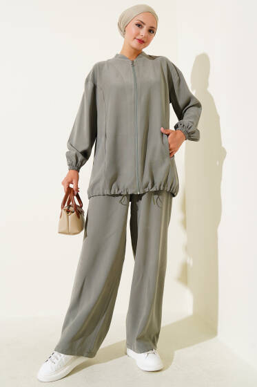 Bilek Lastikli Fermuarlı Tensel İkili Takım Haki - İkili Takım