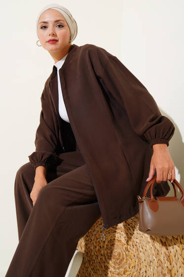 Bilek Lastikli Fermuarlı Tensel İkili Takım Kahve - İkili Takım