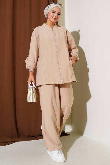 Bilek Lastikli Fermuarlı Tensel İkili Takım Latte - İkili Takım