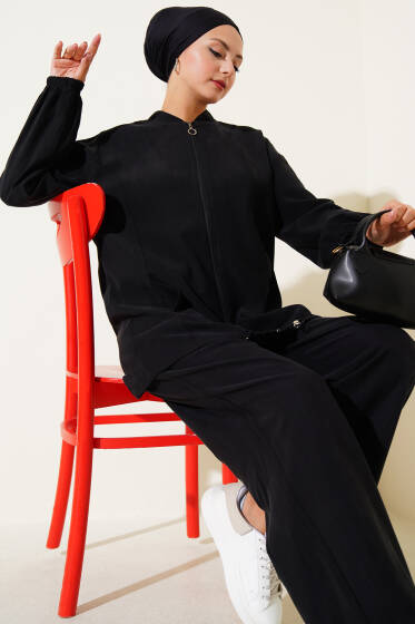 Bilek Lastikli Fermuarlı Tensel İkili Takım Siyah - İkili Takım