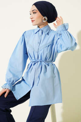 Bilek Lastikli Güpür Detaylı Gömlek Bebe Mavi - ASMİN