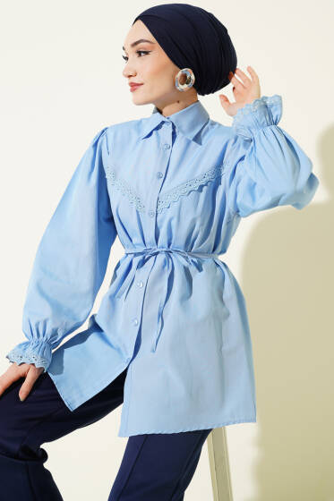 Bilek Lastikli Güpür Detaylı Gömlek Bebe Mavi - Gömlek