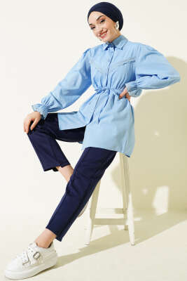 Bilek Lastikli Güpür Detaylı Gömlek Bebe Mavi - Gömlek