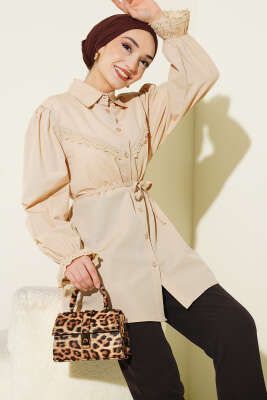 Bilek Lastikli Güpür Detaylı Gömlek Bej - ASMİN