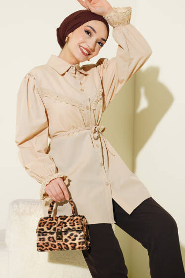 Bilek Lastikli Güpür Detaylı Gömlek Bej - Yılın Fırsatı