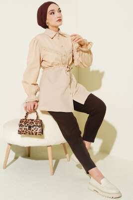 Bilek Lastikli Güpür Detaylı Gömlek Bej - Yılın Fırsatı