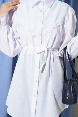 Bilek Lastikli Güpür Detaylı Gömlek Beyaz - Gömlek