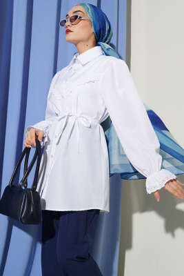 Bilek Lastikli Güpür Detaylı Gömlek Beyaz 