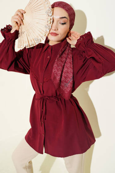 Bilek Lastikli Güpür Detaylı Gömlek Bordo - Gömlek