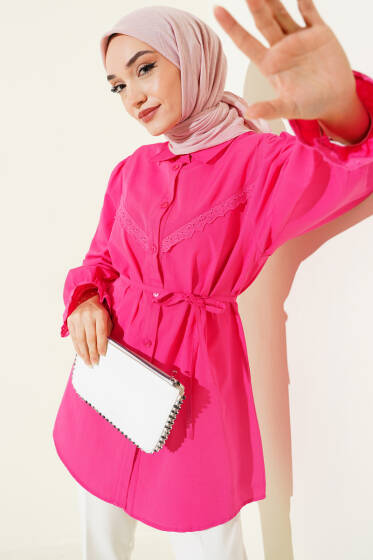 Bilek Lastikli Güpür Detaylı Gömlek Fuşya - Gömlek