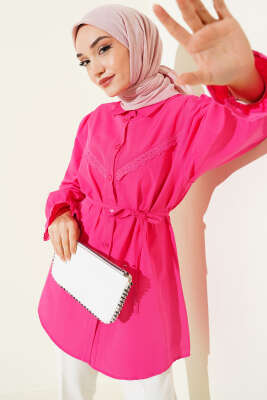 Bilek Lastikli Güpür Detaylı Gömlek Fuşya 