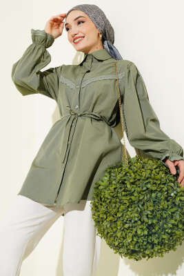 Bilek Lastikli Güpür Detaylı Gömlek Haki - ASMİN