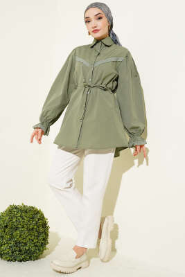 Bilek Lastikli Güpür Detaylı Gömlek Haki - Gömlek