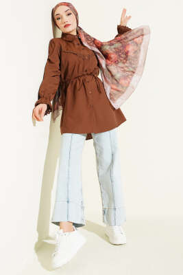 Bilek Lastikli Güpür Detaylı Gömlek Kahve - Gömlek