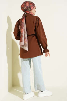 Bilek Lastikli Güpür Detaylı Gömlek Kahve - Gömlek