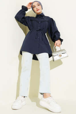 Bilek Lastikli Güpür Detaylı Gömlek Lacivert - Gömlek