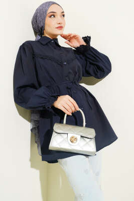 Bilek Lastikli Güpür Detaylı Gömlek Lacivert 