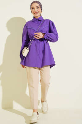 Bilek Lastikli Güpür Detaylı Gömlek Mor - Gömlek