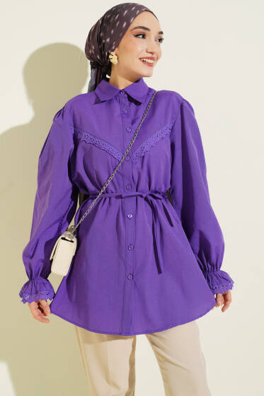 Bilek Lastikli Güpür Detaylı Gömlek Mor - Yılın Fırsatı