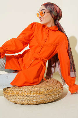 Bilek Lastikli Güpür Detaylı Gömlek Oranj - ASMİN