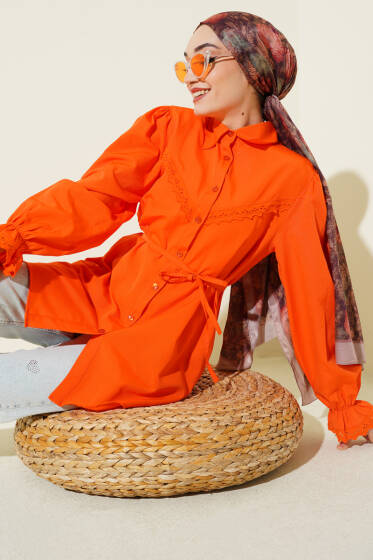 Bilek Lastikli Güpür Detaylı Gömlek Oranj - Gömlek