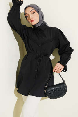 Bilek Lastikli Güpür Detaylı Gömlek Siyah - ASMİN