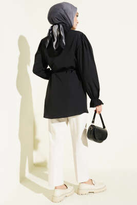 Bilek Lastikli Güpür Detaylı Gömlek Siyah - Gömlek