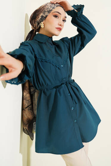 Bilek Lastikli Güpür Detaylı Gömlek Zümrüt - Gömlek