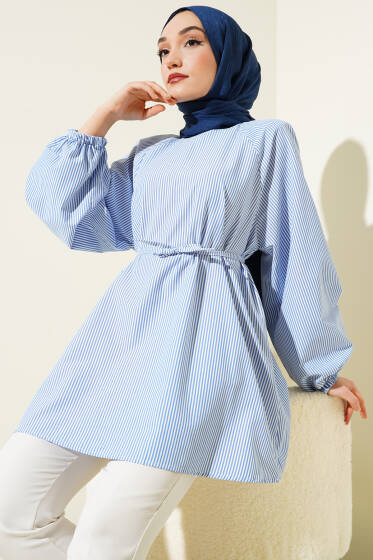 Bilek Lastikli İnce Çizgili Tunik Mavi - Tunik