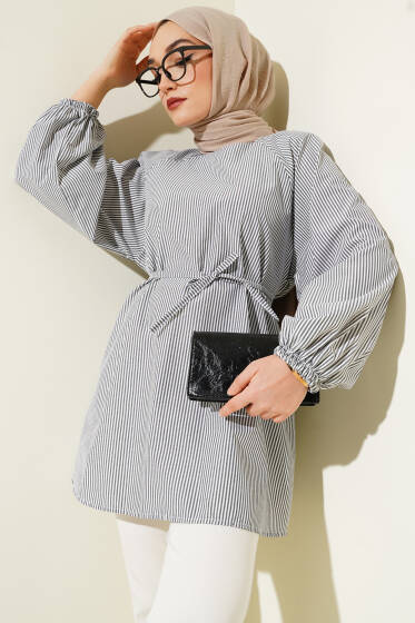 Bilek Lastikli İnce Çizgili Tunik Siyah - Tunik