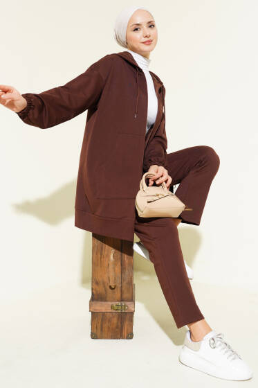 Bilek Lastikli Kapüşonlu İkili Takım Kahve - İkili Takım
