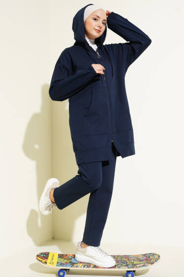 Bilek Lastikli Kapüşonlu İkili Takım Lacivert - İkili Takım