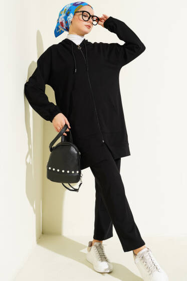 Bilek Lastikli Kapüşonlu İkili Takım Siyah - İkili Takım