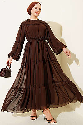 Bilek Lastikli Kat Kat Şifon Elbise Acı Kahve - Elbise