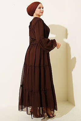 Bilek Lastikli Kat Kat Şifon Elbise Acı Kahve - Elbise