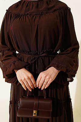 Bilek Lastikli Kat Kat Şifon Elbise Acı Kahve - Elbise