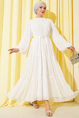 Bilek Lastikli Kat Kat Şifon Elbise Ekru - BERAT TEKSTİL