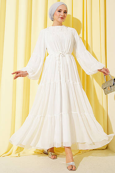 Bilek Lastikli Kat Kat Şifon Elbise Ekru - Elbise