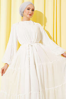 Bilek Lastikli Kat Kat Şifon Elbise Ekru - Elbise