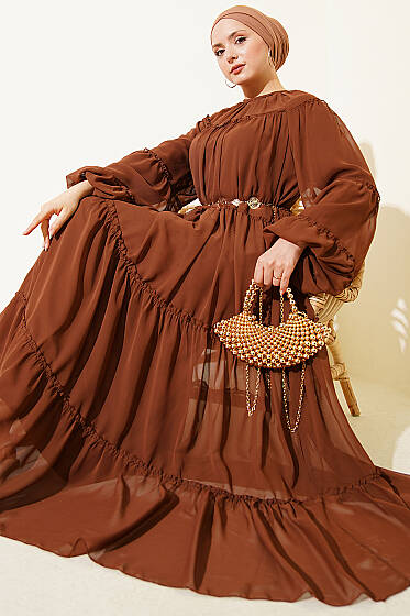 Bilek Lastikli Kat Kat Şifon Elbise Kahve - Elbise