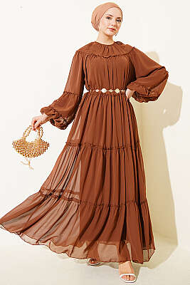 Bilek Lastikli Kat Kat Şifon Elbise Kahve - Elbise