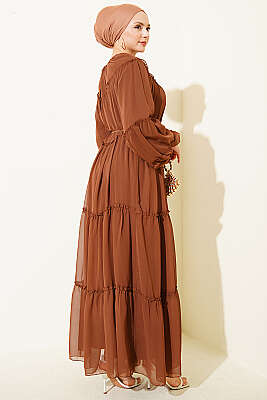 Bilek Lastikli Kat Kat Şifon Elbise Kahve - Elbise