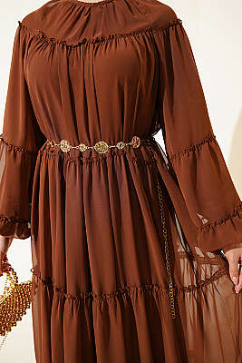 Bilek Lastikli Kat Kat Şifon Elbise Kahve - Elbise