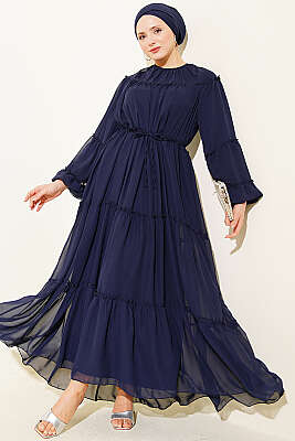 Bilek Lastikli Kat Kat Şifon Elbise Lacivert - BERAT TEKSTİL