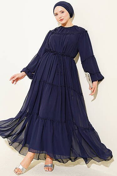 Bilek Lastikli Kat Kat Şifon Elbise Lacivert - Elbise