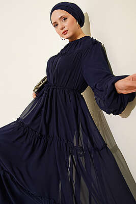 Bilek Lastikli Kat Kat Şifon Elbise Lacivert - Elbise