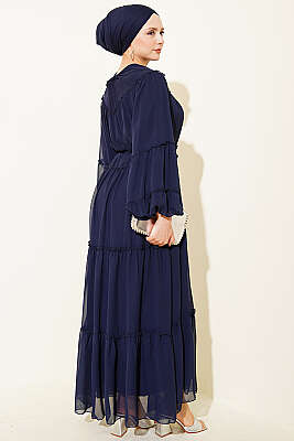 Bilek Lastikli Kat Kat Şifon Elbise Lacivert - Elbise