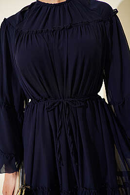 Bilek Lastikli Kat Kat Şifon Elbise Lacivert - Elbise